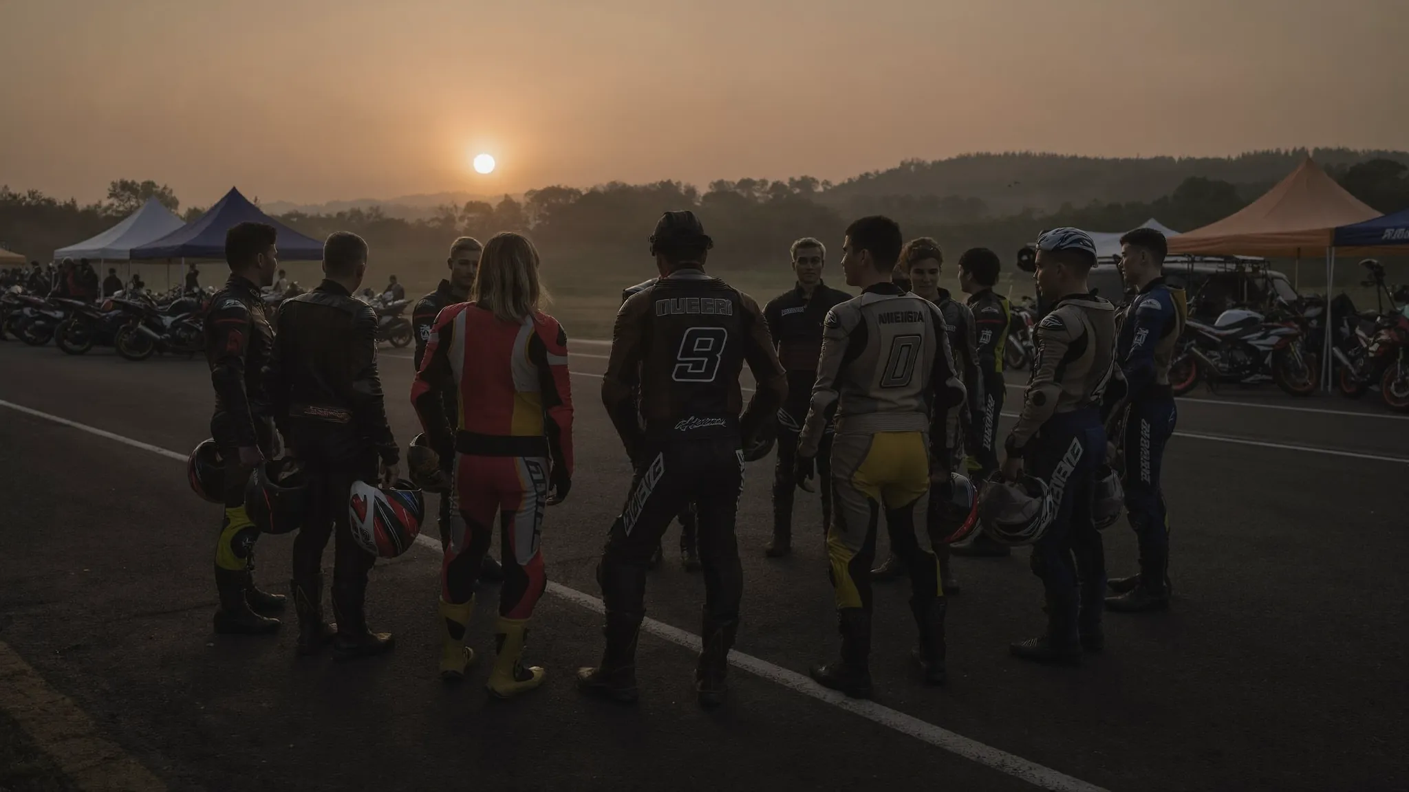 Fahrerbriefing am frühen Morgen im Paddock, Gruppe in Lederkombis, Motorräder und Zelte im Hintergrund